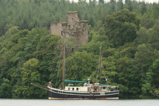 A two masted craft moored by Invergarry castle on Oich